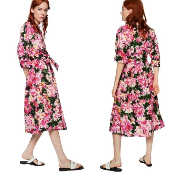 Zara Pink Floral Fit & Flare Midi Dress - size Small - Picture 1 of 7